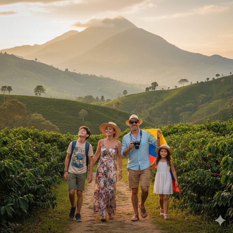 Familia recorriendo un cafetal del Paisaje Cultural Cafetero