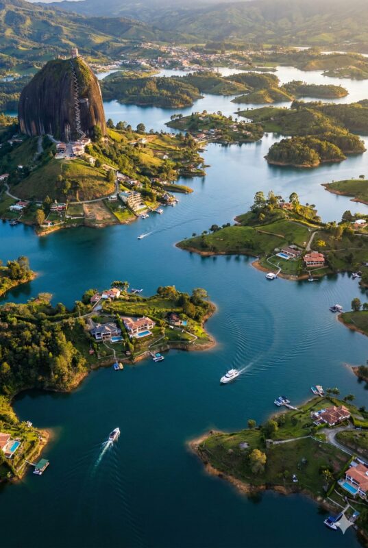 Piedra del Peñol y embalse de Guatapé vistos desde el aire