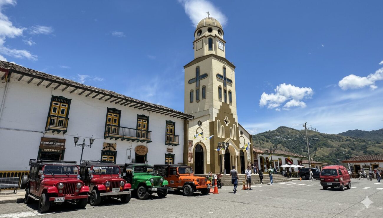 Plaza de Salento con sus jeeps Willys tradicionales